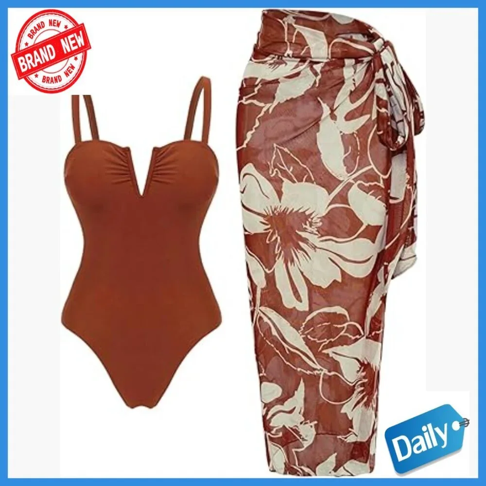 Large One Piece Swimsuit with Floral Wrap Sarong Two Piece Bathing Suit